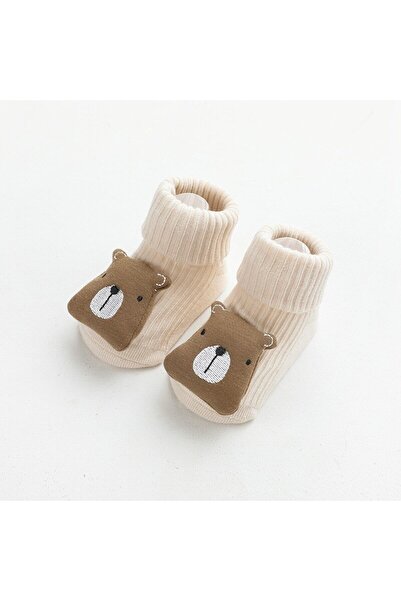 OEM Baby Sock with Attached Toy, Anti-Slip Sole, Cotton, Bear, Brown, 6-12 Months