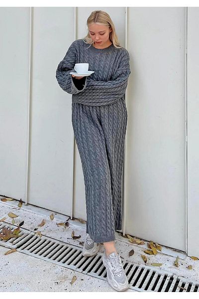 FLEX FASHION Crew Neck Hair Braided Long Trend Popular Knitwear Dress Smoke