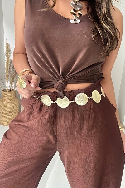 Sohotique By P Drawstring Waist Elastic Krinkle Trousers Bitter Brown