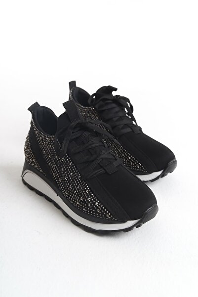 Joy Ayakkabı ALYA Bağcıklı Ortopedik Taban Taşlı Kadın Sneaker Spor Ayakkabı CBT - Siyah