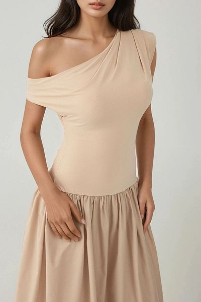 Hiccup Asymmetric Collar Slim Fit Long Dress