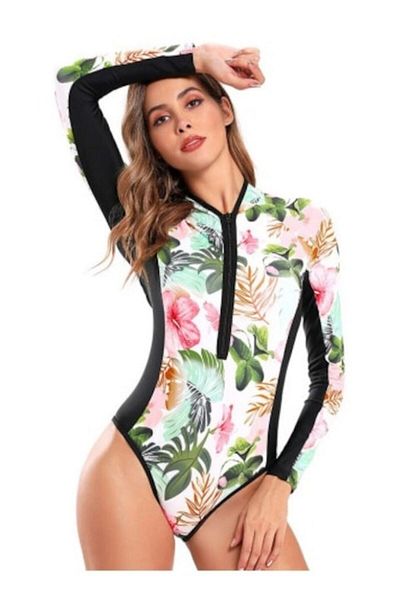 Mixbo One-piece Swimsuit Mixbo, Scuba, Long Sleeve, Floral Pattern, Multicolor, L
