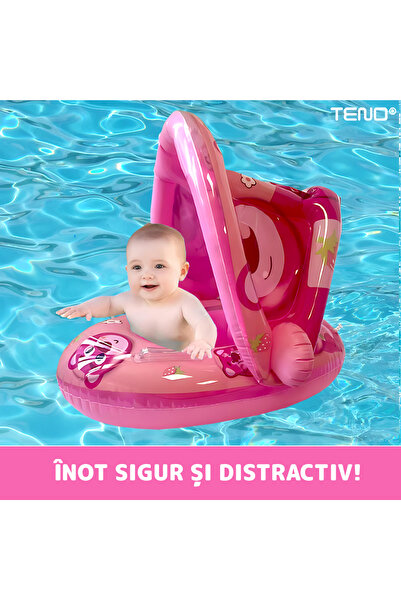 Teno Teno® Baby Swim Ring with Sunshade, teddy bear pattern, removable sunshade, 3-36 months, pink