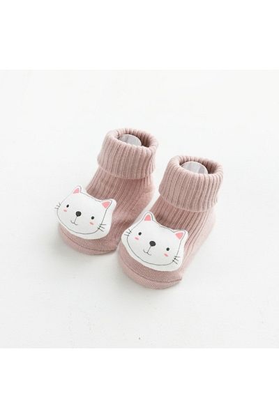 Mixbo Baby Socks with Attached Toy, Non-Slip Sole, Cotton, Cat Design, Pink, 1-2 Years
