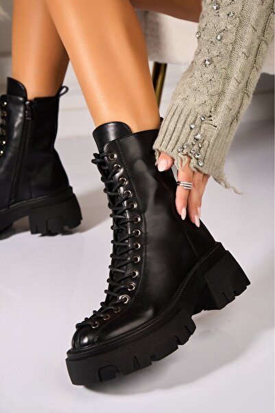 Joana Γυναικείες μαύρες μπότες με επένδυση γούνας από οικολογικό δέρμα Dayva2