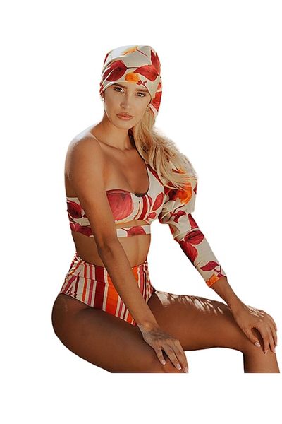 Mixbo Costum de baie din două piese, mâneci lungi și bufante, portocaliu elegant, mărimea S