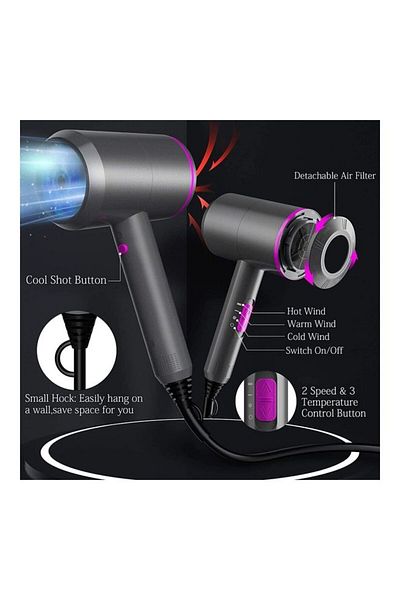 COOYA Multi-Functional Hair Dryer ,With 2 Speed 3 Heat Setting，2 Nozzles & 1 Diffuser,Grey 30 x 24 x 9cm