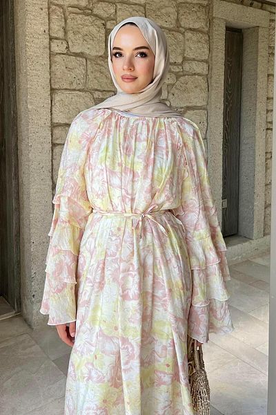 BİNAAR Floral Dress with Side Ruffle Detail Dusty Pink
