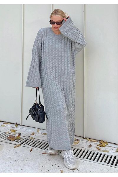 FLEX FASHION Crew Neck Hair Braided Long Trend Popular Knitwear Dress Light Gray