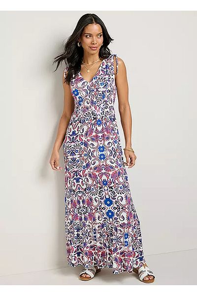 Şans Women's Plus Size White, Blue Floral V-Neck Shoulder and Front Detailed Dress 65N39038