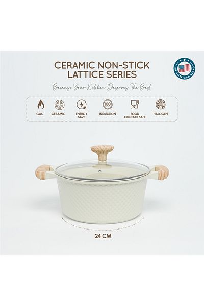 VAV GET 24 CM Casserole with Lid – Ceramic Non-Stick Lattice Series, Cream White