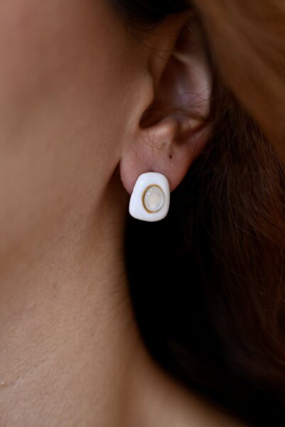 Ladies&Gentlemen White Enamel Gold Framed Steel Earrings
