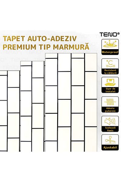 Teno Set of 80x Premium 3D Teno® Marble Wallpaper, coverage area 14.4 sq m, 30x60 cm, model 61, white