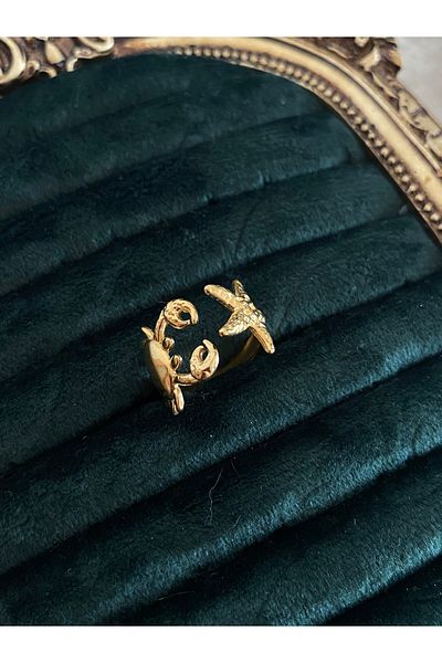 Vadısh store Gold Color Adjustable Steel Ring with Crab & Starfish Motif