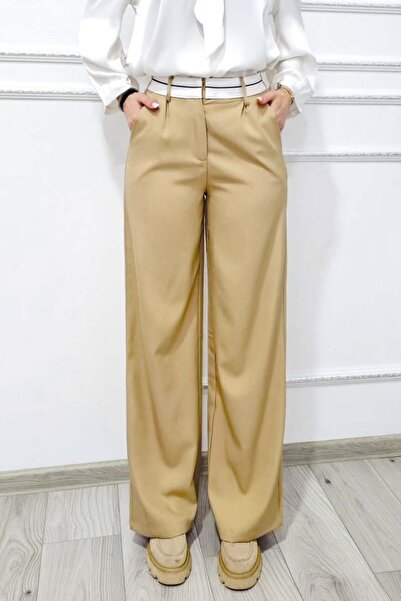 FashionForYou Pantaloni casual Kimchi, croiala larga si banda contrastanta, doua nuante, Bej