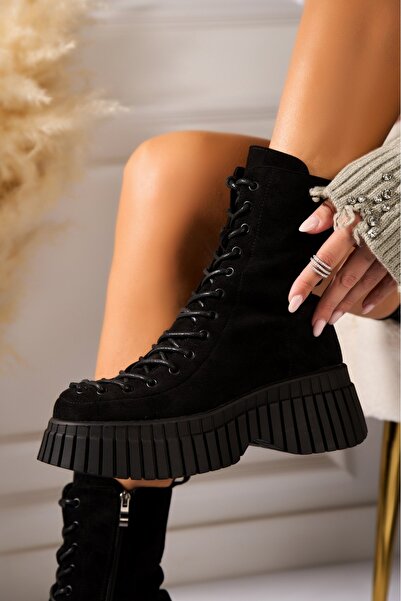 Joana Γυναικείες μαύρες μπότες με επένδυση γούνας από οικολογικό σουέτ Evalise2