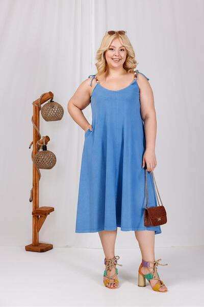 Siyezen Plus Size Wooden Bead Detailed Washed Fabric Dress