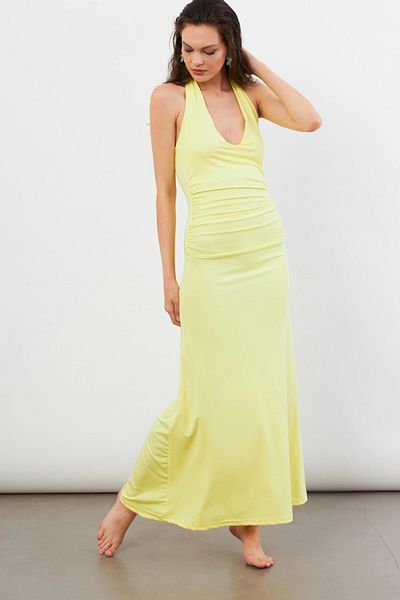 Cool & Sexy Women's Yellow Backless Neck Tie Maxi Dress Dcf061