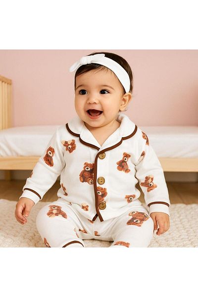 Alpbebe Bear Front Buttoned Seasonal 2 Piece Pajama Set - Cream