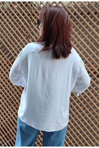 DenizEge Patchli Sequined Viscose White Shirt