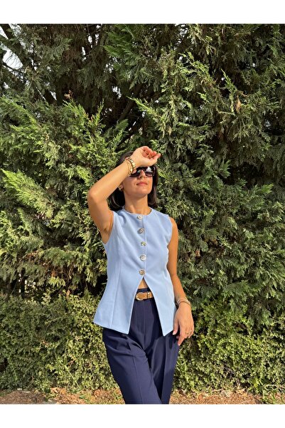 NATİVUSBUTİK V Kesim Düğme Detaylı Yelek