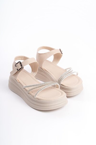 Joy Ayakkabı Eva Thick Buckle Stone Striped Orthopedic Sole Women's Sandals Ckt - Cream