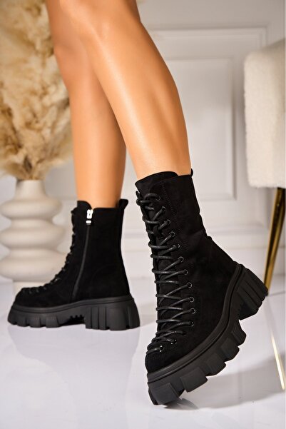 Joana Γυναικείες μαύρες μπότες με επένδυση από γούνα από τεχνητό σουέτ Pragya2