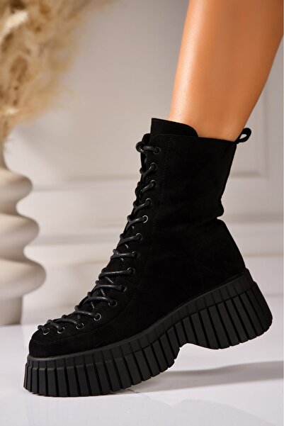 Joana Γυναικείες μαύρες μπότες με επένδυση γούνας από οικολογικό σουέτ Evalise2