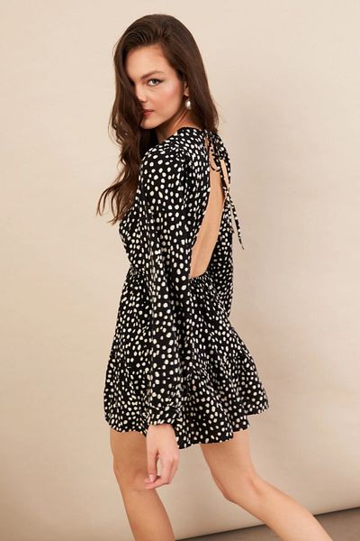 Cool & Sexy Women's Black-Ecru Backless Polka Dot Mini Dress Bty107