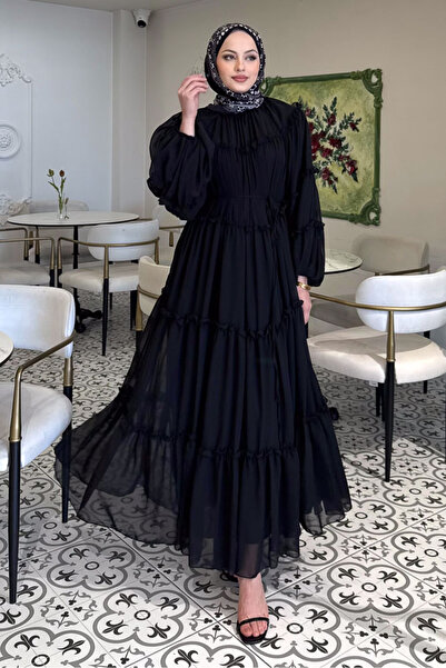 Ovn. Şifon Fırfırlı Elbise - Siyah