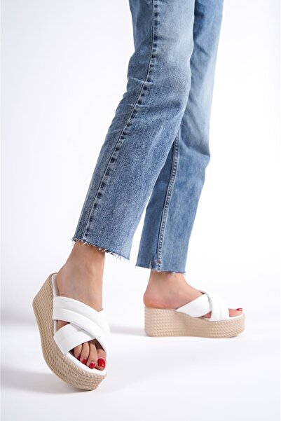 Joy Ayakkabı Joymix Wedge Heeled Orthopedic Sole Straw Look Women's Slippers Ckt - White