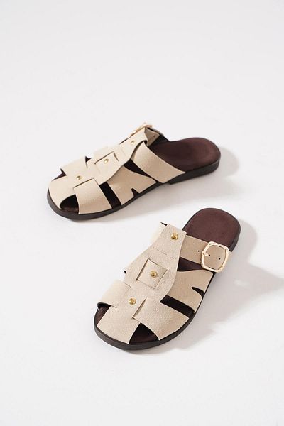 Moda Pie Telga Side Buckle Caged Women's Slippers Beige Suede
