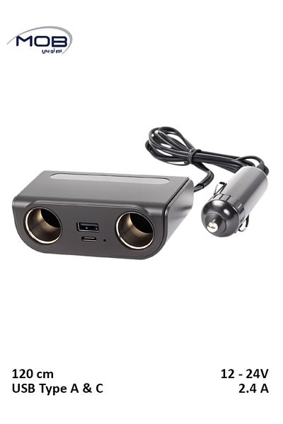 Mob Dual Socket Car Charger with USB Type A & C, 12–24V Input, 120cm Cable, 2.4A Output