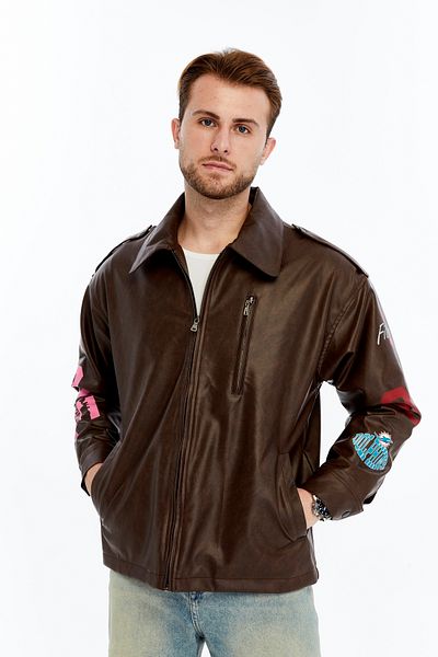 CHOS7N Men's Oversize Leather Coat Casual Printed Jacket Niche Compact Design