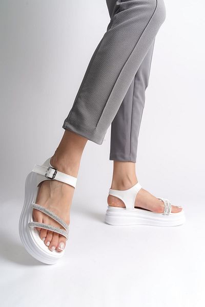 Joy Ayakkabı Zlohe thick buckled stoned striped orthopedic sole women's sandal cbt - white