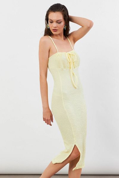 Cool & Sexy Women's Yellow Tie Front Rustic Midi Dress Fro2001