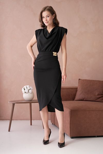 Secret Passion Lingerie Black Stretchy Crepe Fabric Degaje Collar Wrap Cut Midi Evening Dress with Wadding and Accessories Detail 77119