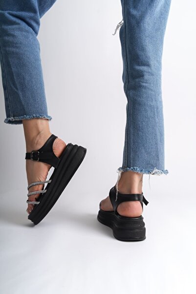 Joy Ayakkabı Eva Thick Buckle Stone Striped Orthopedic Sole Women's Sandals Cst - Black