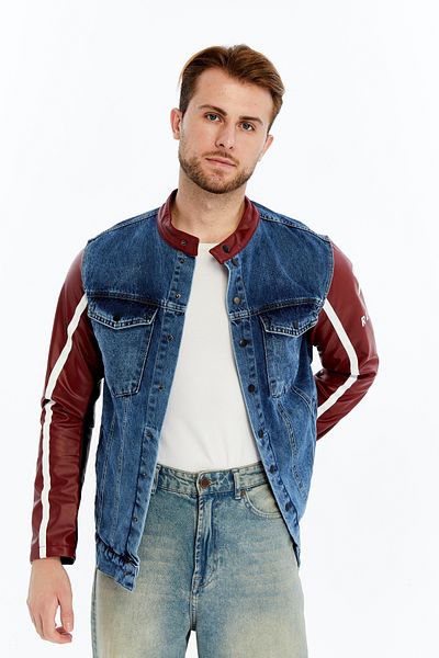 CHOS7N Men's Standard Denim Jacket Sleeves Leather Niche Compact Design Coats Casual Dominant Collar Convenient