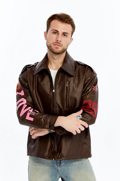 CHOS7N Men's Oversize Leather Coat Casual Printed Jacket Niche Compact Design