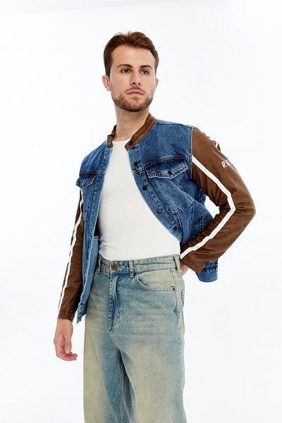 CHOS7N Men's Standard Denim Jacket Sleeves Leather Niche Compact Design Coats Casual Dominant Collar Convenient
