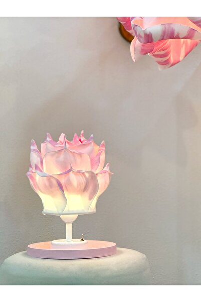 Maison Avf Pembe Detaylı Eva Gül Tasarım Kablosuz Masa Lambası - Alt Beyaz