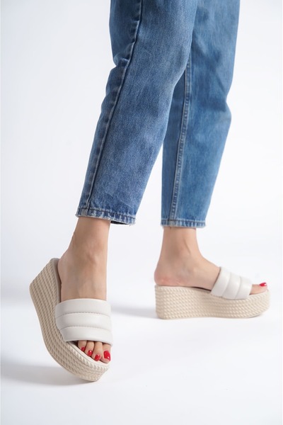 Joy Ayakkabı Reina Wedge Heeled Orthopedic Sole Straw Look Women's Slippers Ckt - Cream