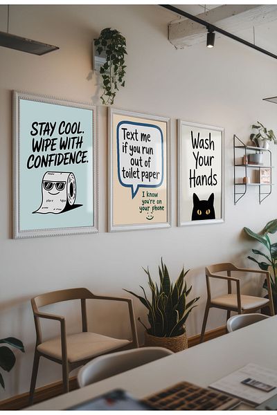 21mxm Set de 3 tablouri pe pânză cu citate amuzante pentru baie – Artă murală cu umor la toaletă, poster cu animale ciudate pentru casă