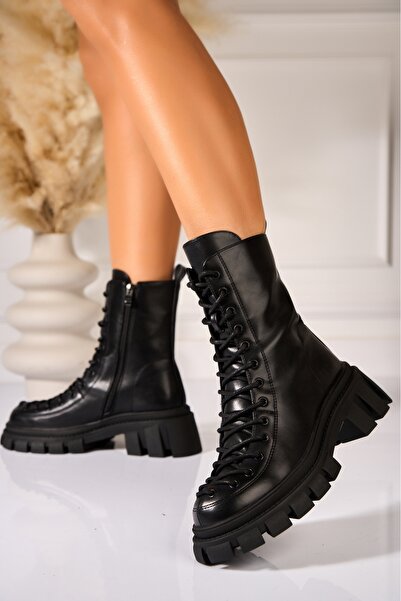 Joana Γυναικείες μαύρες μπότες με επένδυση γούνας από οικολογικό δέρμα Zera