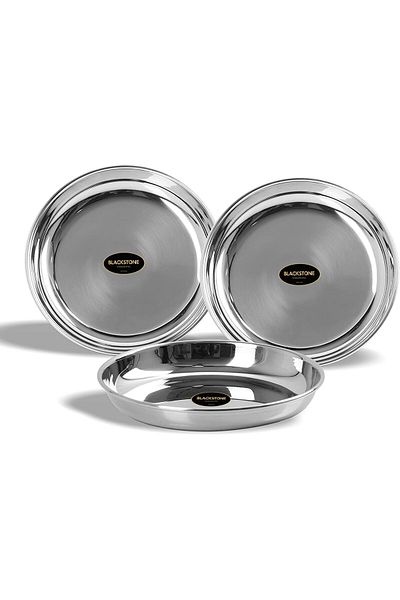 Blackstone Stainless Steel Dinner Plates, Rice Plates, Set of 3 Pieces (19.5 cm)