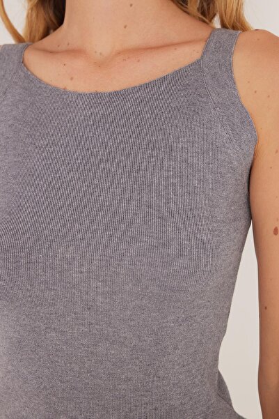 Tudors Kadın Slim Fit Geniş Yaka Gri Body Atlet