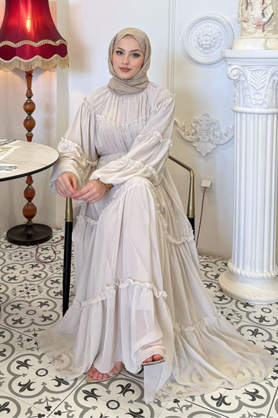 Ovn. Rochie din șifon cu volane - culoare piatră