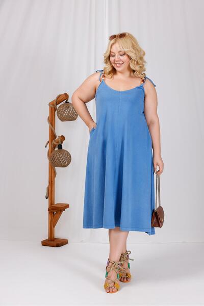 Siyezen Plus Size Wooden Bead Detailed Washed Fabric Dress