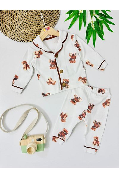 Alpbebe Bear Front Buttoned Seasonal 2 Piece Pajama Set - Cream